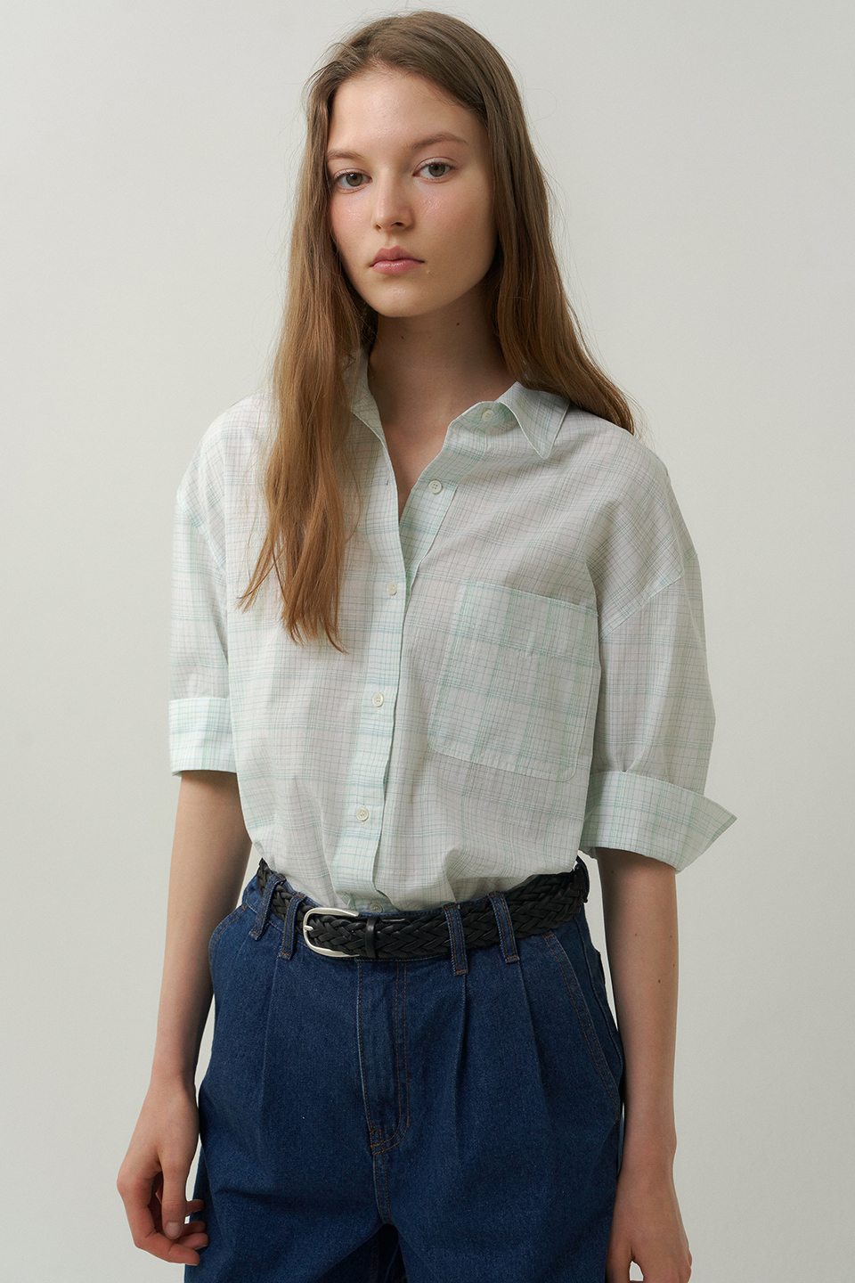 boxy cotton pocket shirt [Italian fabric] (green check)